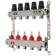 TIM Коллектор с расходомерами KDS5005 1" х 5 выходов из нерж. стали(без кранов, возд, слив