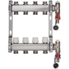 ColSys P811, 4 выхода. Коллекторная группа с отсекающими клапанами, термостатическими клапанами, воздухоотводчиками и дренажными шаровыми кранами